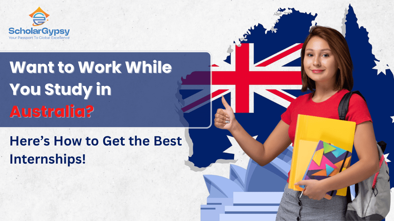 International student giving thumbs up with books in hand, standing in front of Australia map with flag – Scholar Gypsy promoting best internship opportunities in Australia for study abroad students from Kerala.