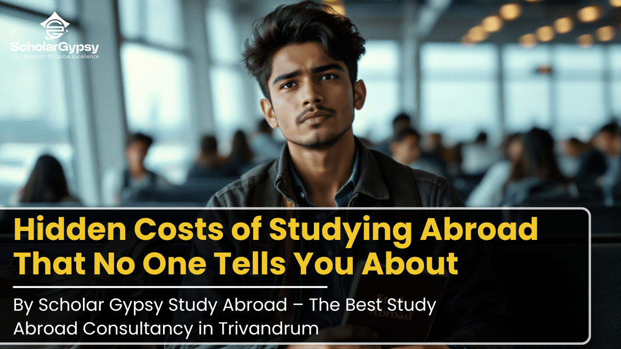 A thoughtful student sitting at an airport with a passport in hand, representing the hidden costs and financial planning involved in studying abroad, created for Scholar Gypsy Study Abroad – the Best Study Abroad Consultancy in Trivandrum.