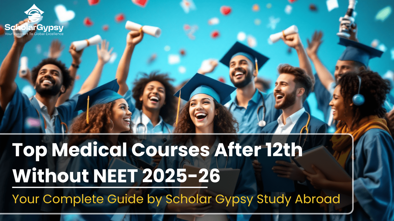 Group of happy medical graduates celebrating in caps and gowns, symbolizing success in pursuing top medical courses after 12th without NEET, featured by Scholar Gypsy Study Abroad.
