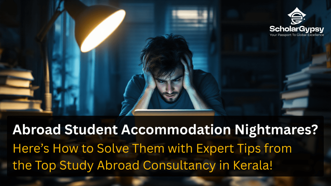 A stressed international student sitting in a dimly lit room, facing challenges with accommodation abroad, symbolizing student housing issues and solutions offered by the Top Study Abroad Consultancy in Kerala.